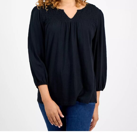 Style & Co Womens Bohemian Smocked Knit 3/4-Sleeve Top Black Size XXL New w/Tags - Picture 3 of 4